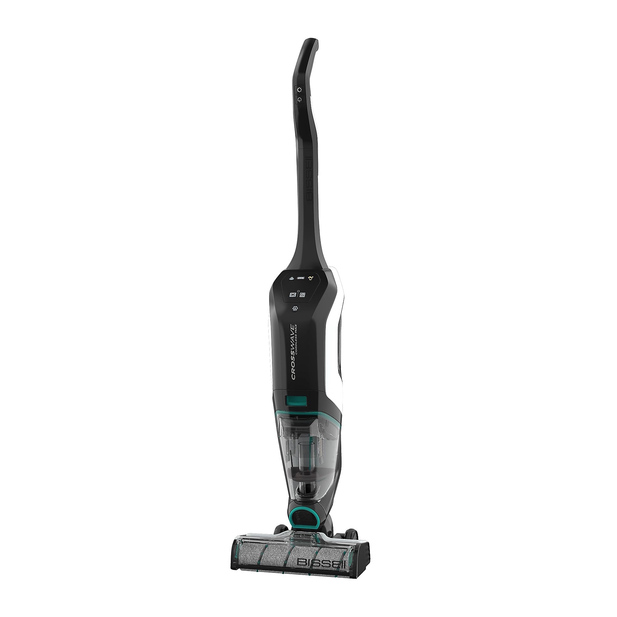 The Bissell CrossWave Max is a vacuum and mop combo with a sleek design, featuring a multi-surface cleaning system suitable for both wet and dry messes. It has a digital display and a dual-tank system to separate clean and dirty water.
