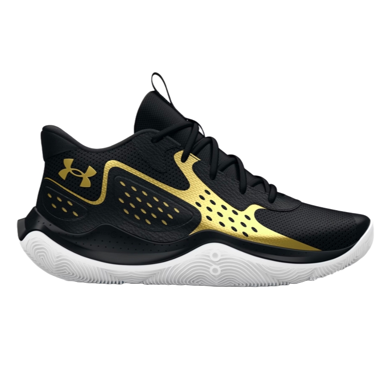 Under Armour black and gold athletic shoe with a white sole, featuring a breathable upper and lace-up closure.
