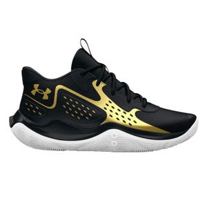 Under Armour black and gold athletic shoe with a white sole, featuring a breathable upper and lace-up closure.