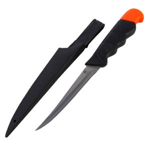 A filet knife with a sharp, narrow blade, featuring a black handle with an orange accent at the end, paired with a black sheath for protection.