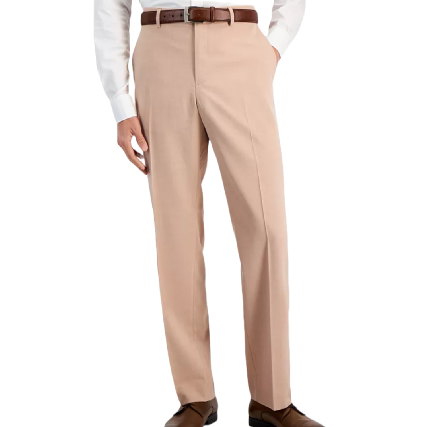 Men's beige dress pants with a brown belt, paired with a white shirt and brown shoes.