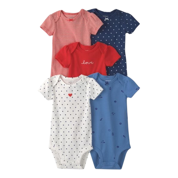 Five baby onesies in blue, red, and white. Patterns include polka dots, stripes, hearts, and the word \“love\“.