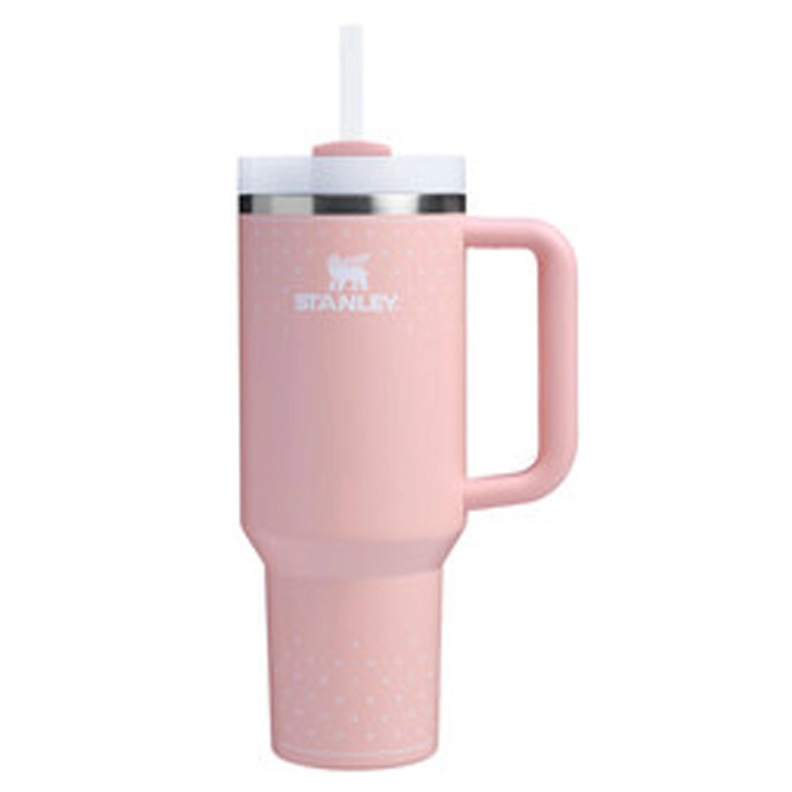 A pink 40oz Stanley Quencher tumbler with a handle, featuring a wide mouth and a straw lid. The design includes a stainless steel band near the top and a brand logo.