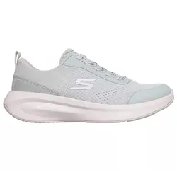Light gray athletic shoe with a mesh upper, lace-up design, and thick cushioned sole featuring \“Plush Foam\“ for comfort.