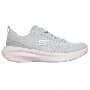 Light gray athletic shoe with a mesh upper, lace-up design, and thick cushioned sole featuring \“Plush Foam\“ for comfort.