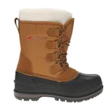 A tan and black winter boot with a rubber sole, faux fur lining, and lace-up front featuring metal eyelets.