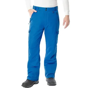 Blue snow pants with multiple pockets, a button closure at the waist, and black boots.