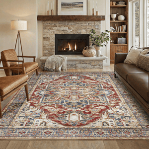 A cozy living room with a stone fireplace, brown leather sofa, wooden armchairs, and a colorful patterned area rug. Shelves with decor and large windows complete the space.