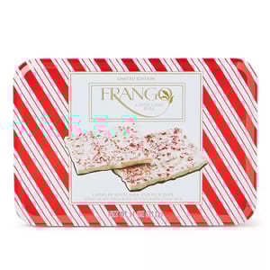 Frango Candy Cane Bark is a limited edition treat featuring layers of white bark and rich dark chocolate, sprinkled with candy cane bits. Packaged in a red and white striped tin, it weighs 11 oz (311 g).
