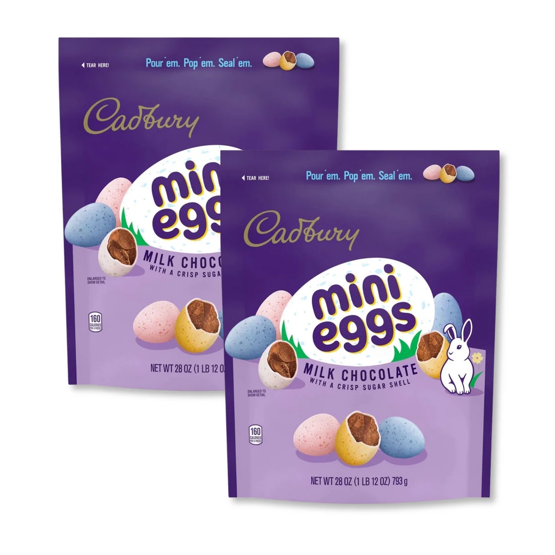 Two 28oz bags of Cadbury Mini Eggs, featuring milk chocolate with a crisp sugar shell. The packaging is purple with images of pastel-colored eggs and a small white rabbit illustration.