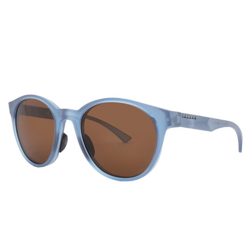 Blue sunglasses with brown lenses and branding on the arm.