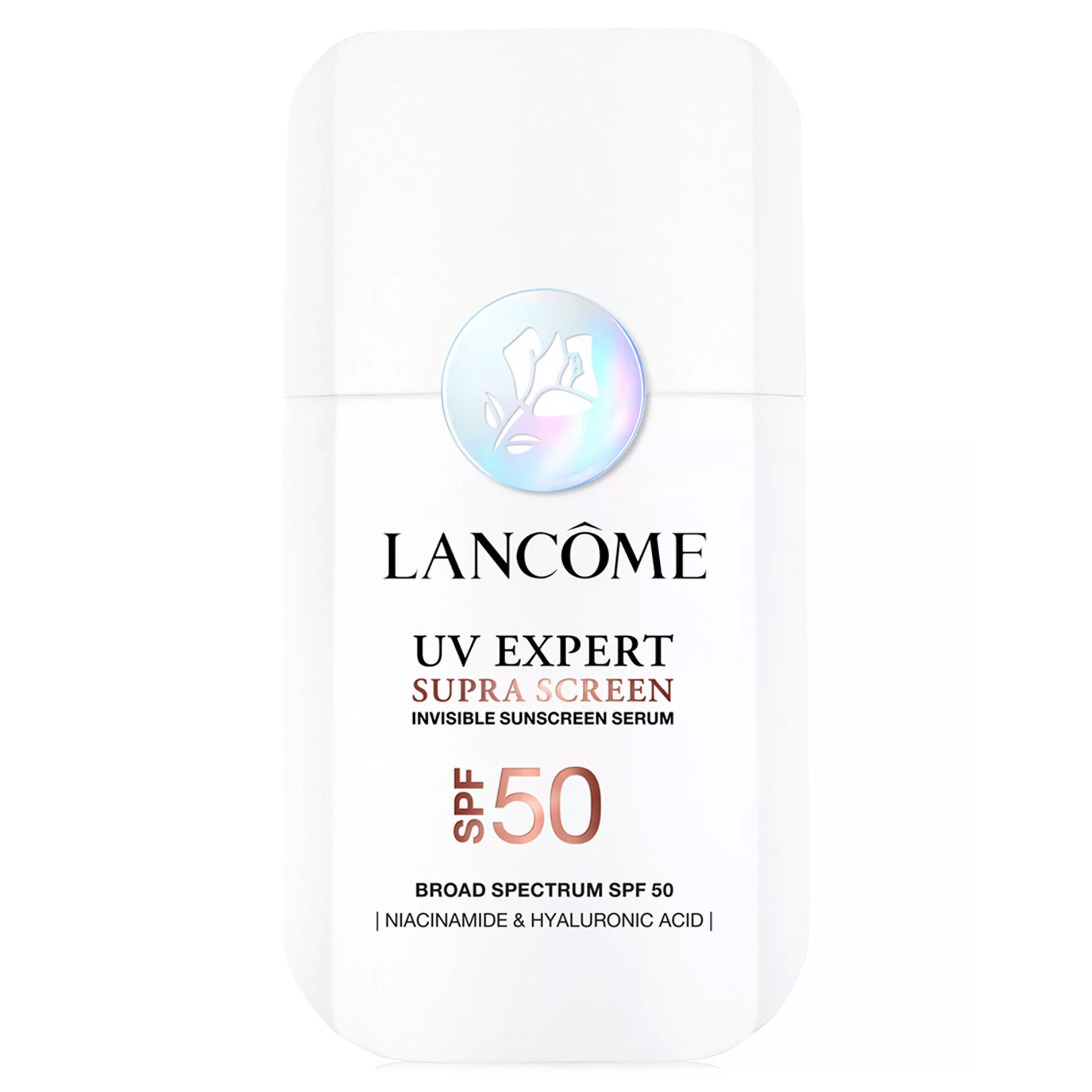 Lancôme UV Expert Supra Screen Invisible Sunscreen Serum with SPF 50, featuring niacinamide and hyaluronic acid for broad-spectrum protection.