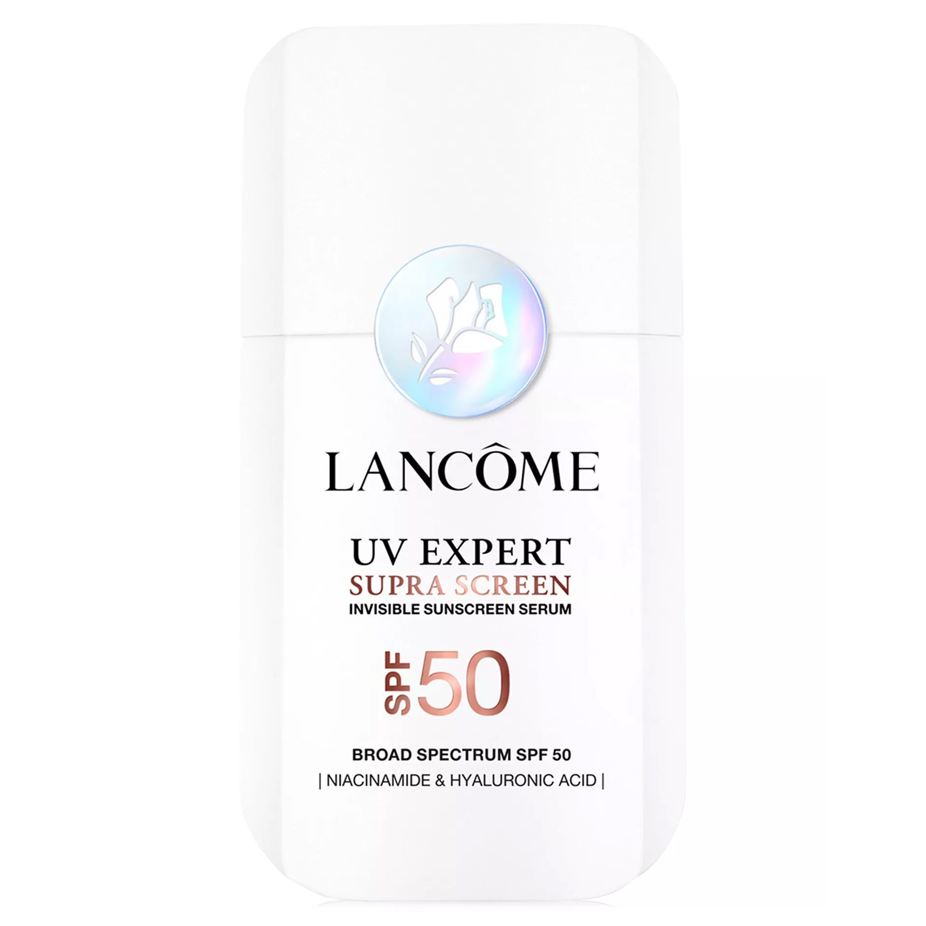 Lancôme UV Expert Supra Screen Invisible Sunscreen Serum with SPF 50, featuring niacinamide and hyaluronic acid for broad-spectrum protection.