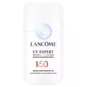Lancôme UV Expert Supra Screen Invisible Sunscreen Serum with SPF 50, featuring niacinamide and hyaluronic acid for broad-spectrum protection.