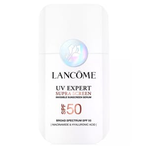 Lancôme UV Expert Supra Screen Invisible Sunscreen Serum with SPF 50, featuring niacinamide and hyaluronic acid for broad-spectrum protection.