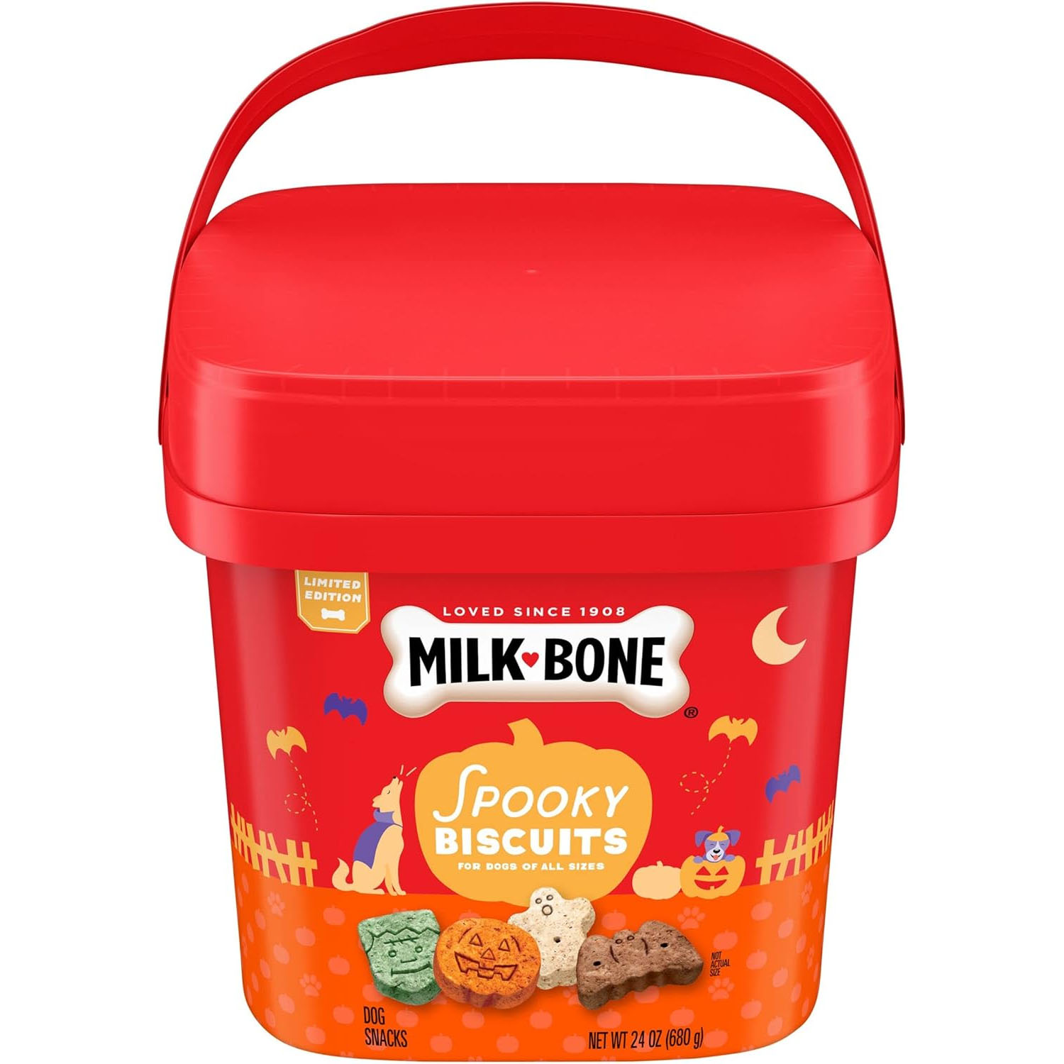 Milk-Bone Spooky Biscuits, limited edition dog snacks, in a 24 oz red container, featuring Halloween-themed treats for dogs of all sizes.