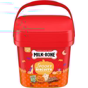 Milk-Bone Spooky Biscuits, limited edition dog snacks, in a 24 oz red container, featuring Halloween-themed treats for dogs of all sizes.
