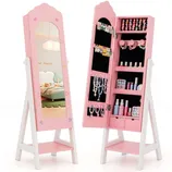 Pink standing jewelry armoire with a mirror, featuring storage for earrings, bracelets, nail polish, and other accessories; adorned with colorful heart and diamond designs.