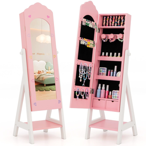 Pink standing jewelry armoire with a mirror, featuring storage for earrings, bracelets, nail polish, and other accessories; adorned with colorful heart and diamond designs.