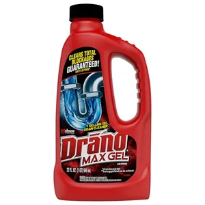 Drano Max Gel, 32 fl oz, a drain cleaner designed to clear blockages and remove clogs, featuring a red bottle with a handle.