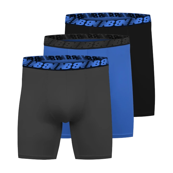Three pairs of New Balance men's boxer briefs in black, with each pair featuring a differently colored waistband with the brand's logo: one blue, one black, and one gray.