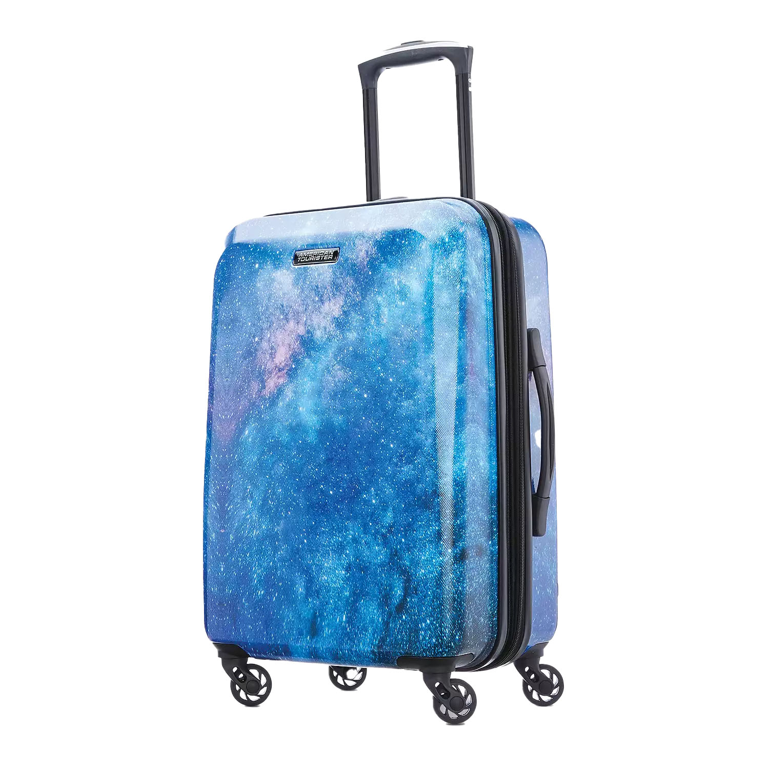 Hardshell suitcase with a galaxy-themed design, featuring a telescopic handle and four multi-directional wheels.