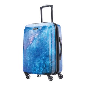 Hardshell suitcase with a galaxy-themed design, featuring a telescopic handle and four multi-directional wheels.