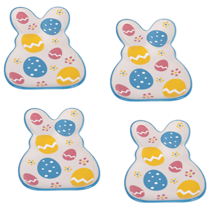 Four bunny-shaped plates feature colorful Easter egg designs with blue, yellow, and pink accents, outlined in blue.