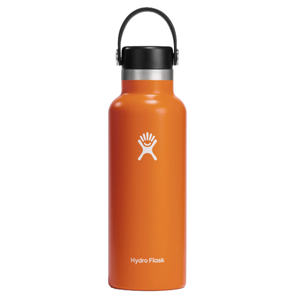 Orange Hydro Flask water bottle with a black handle and white logo.