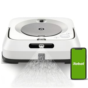 A robotic mop from iRobot is shown spraying water, paired with a smartphone displaying the iRobot app.