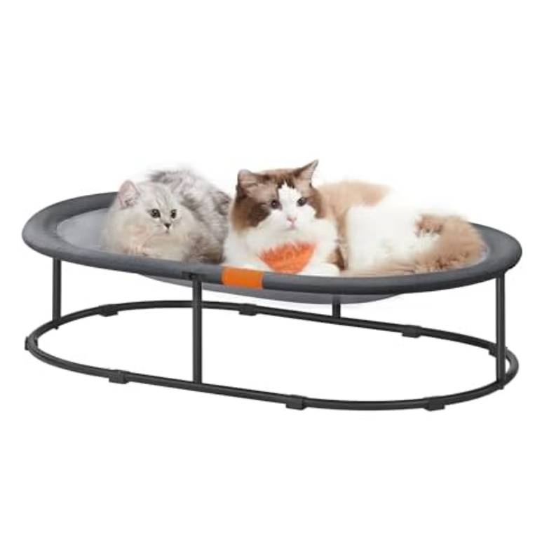 Two cats rest on a raised, oval trampoline-style pet bed with a metal frame and cushioned edge.