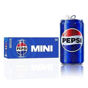 A Pepsi Mini can and a 10-pack box are shown, featuring the classic blue design with the Pepsi logo and the text \“Refresh Then Recycle.\“