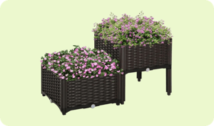 Two brown wicker-style planter boxes with legs, featuring pink and purple flowering plants.