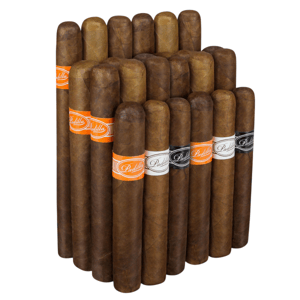 A collection of cigars with bands labeled \“Padilla\“ in orange, black, and white.