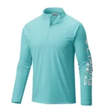 A light blue long-sleeve pullover with a quarter-zip collar and \“Columbia\“ printed on the sleeve.