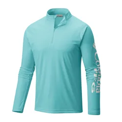 A light blue long-sleeve pullover with a quarter-zip collar and \“Columbia\“ printed on the sleeve.