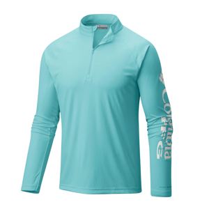 A light blue long-sleeve pullover with a quarter-zip collar and \“Columbia\“ printed on the sleeve.