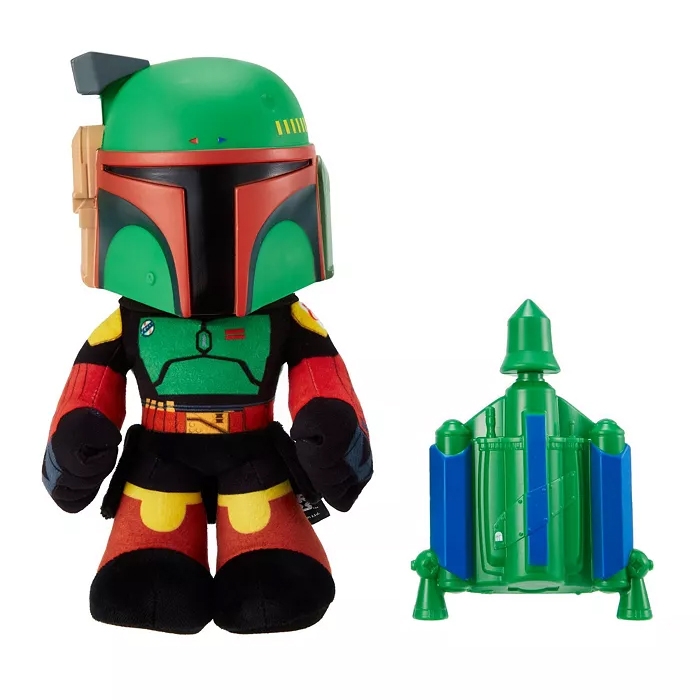 Stylized plush toy of a character in green and red armor with matching plastic backpack accessory.