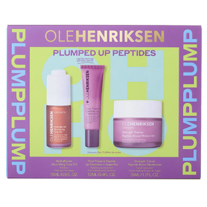 OLEHENRIKSEN Plumped Up Peptides limited edition set with HydraBarrier Nourishing Face Oil (15ml), Pout Preserve Peptide Lip Treatment (12ml), and Strength Trainer Peptide Boost Moisturizer (35ml).