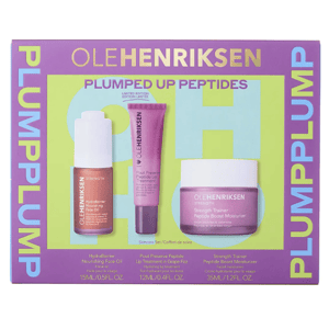 OLEHENRIKSEN Plumped Up Peptides limited edition set with HydraBarrier Nourishing Face Oil (15ml), Pout Preserve Peptide Lip Treatment (12ml), and Strength Trainer Peptide Boost Moisturizer (35ml).