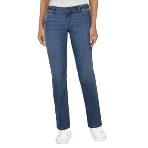 Women's blue denim jeans with a straight-leg fit, featuring a button and zip closure, classic five-pocket design, and paired with white sneakers.