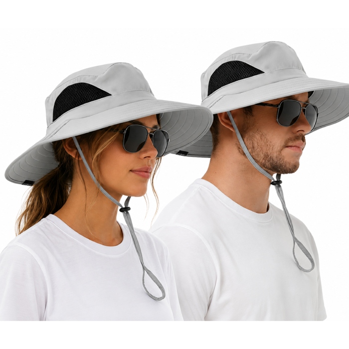 Two people wearing wide-brimmed sun hats with chin straps and sunglasses, dressed in white shirts. The hats have mesh panels for ventilation.