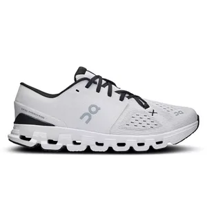 A white athletic shoe with black laces from On, featuring a distinctive perforated sole and minimal design.