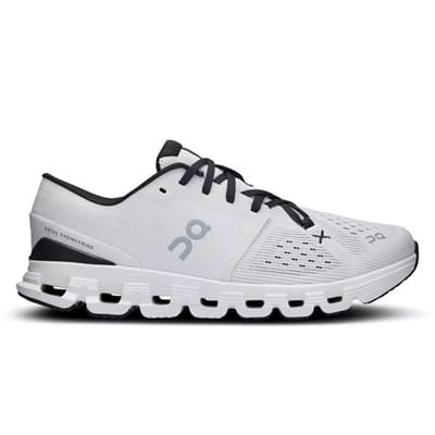 A white athletic shoe with black laces from On, featuring a distinctive perforated sole and minimal design.