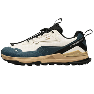 A sneaker with a white upper, blue and tan accents, black laces, and a textured sole, featuring the Hobibear brand logo.