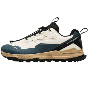 A sneaker with a white upper, blue and tan accents, black laces, and a textured sole, featuring the Hobibear brand logo.