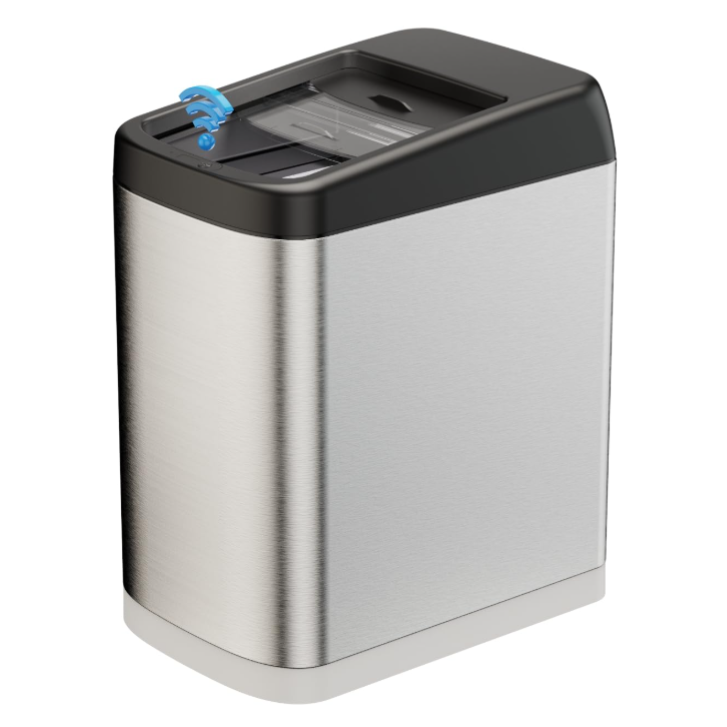 A stainless steel trash bin with a black top featuring a motion sensor lid and a blue lock mechanism for securing trash bags.