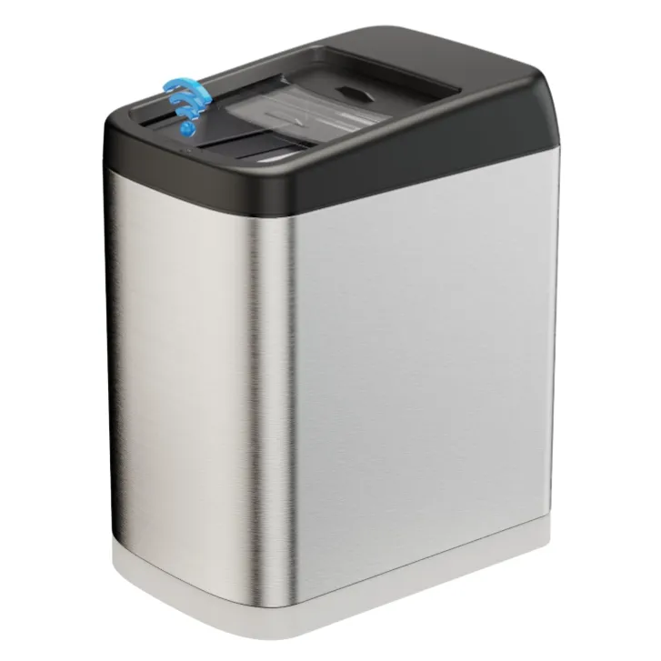 A stainless steel trash bin with a black top featuring a motion sensor lid and a blue lock mechanism for securing trash bags.