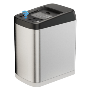 A stainless steel trash bin with a black top featuring a motion sensor lid and a blue lock mechanism for securing trash bags.