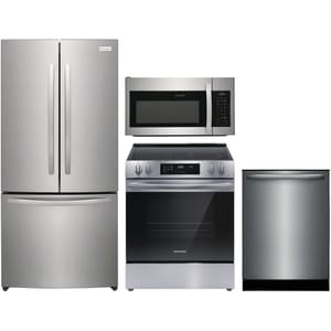 Stainless steel kitchen appliance set including a French door refrigerator, over-the-range microwave, electric range with oven, and dishwasher.